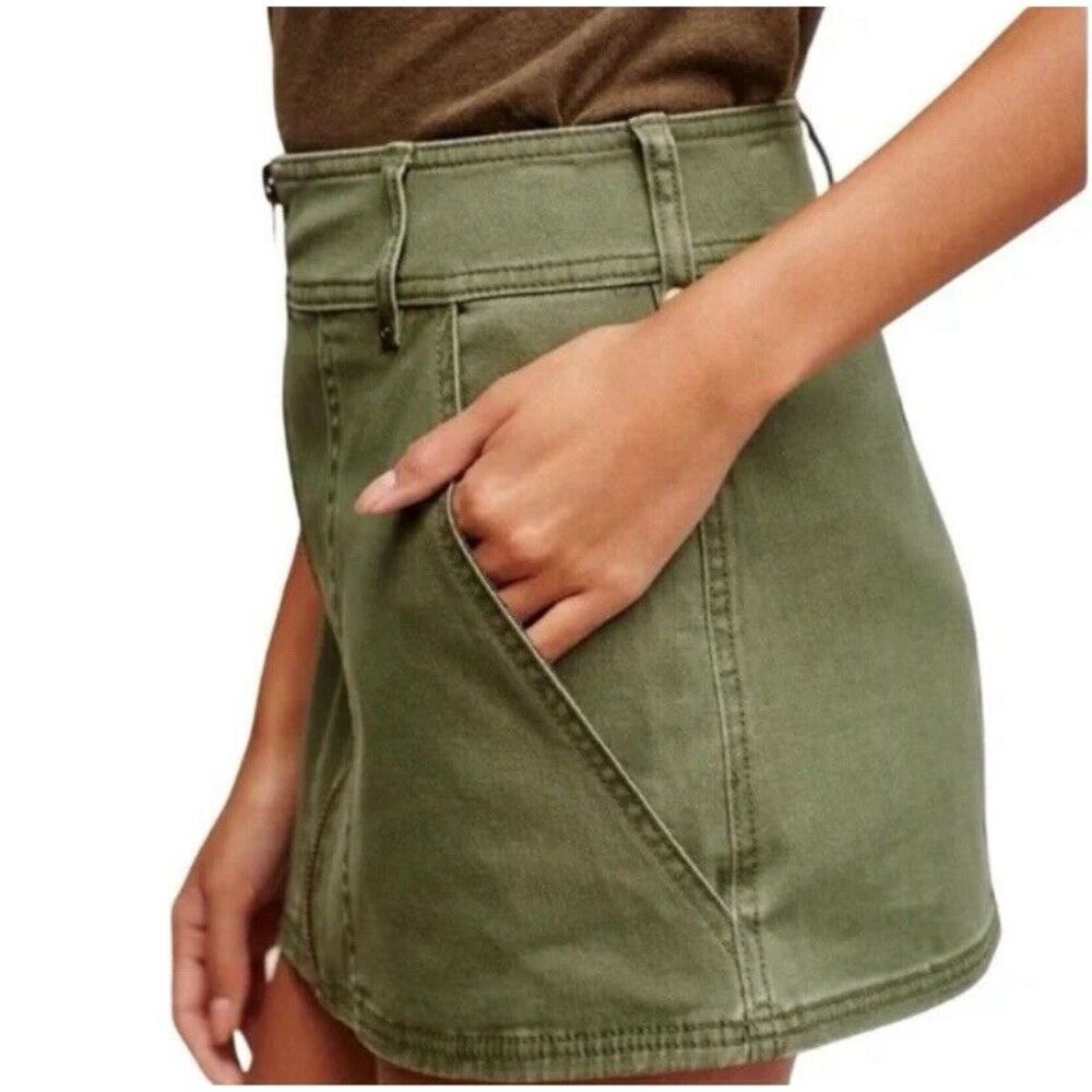 FREE PEOPLE Sz 12 Too Cool Military Skirt Army Green Full Zip Stretch EUC - Picture 9 of 10